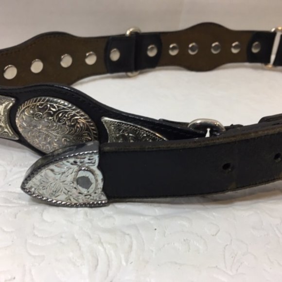 Vintage Nadim USA Silver Plated Medallions Western Black Rodeo Leather Belt